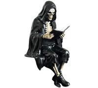 Gothic Dark Fantasy Figure | Seated Reaper Reading Book Sculpture | Gothic Reading Figure Shelf Sitter Statue | Spooky Hooded Skeleton Reader Resin Statue for PC And Bookshelve Halloween Decor