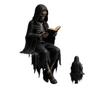 Gothic Dark Fantasy Figure, Sitting Reaper Reading Book Sculpture, Hooded Shadow Reader Statue, Halloween Shelf Sitter for Bookshelf Desk Decor Dark Aesthetic Collection ，#C