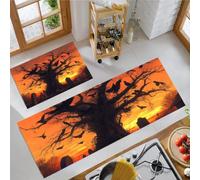 Gothic Dark Kitchen Rugs Set, Orange-Red, 50x80cm+50x150cm | Dead Trees, Flocks Of Crows, Cemetery Kitchen Mat, Cushioned Comfort, Wipe Clean, Non-Slip Stability Carpet for Laundry Apartment Sink