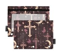 Gothic Darkness Moon Cross Purple 3 Rings Binder Pencil Pouch Pencil Bag with Zipper 2 Pack Clear Storage Bag Office Document Organizer