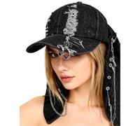 Gothic Denim Rabbit Hat with Ears Bunny Ears Hat Y2k Grunge Iron Ring Chain Cap Distressed Baseball Caps Ripped Jean Cap