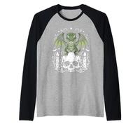 Gothic Dino on Skull Pastel Goth Kawaii Skeleton Raglan Baseball Tee