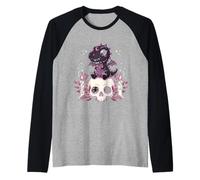 Gothic Dino on Skull Pastel Goth Kawaii Skeleton Raglan Baseball Tee