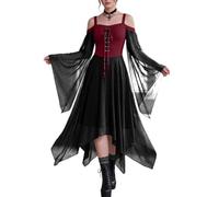 Gothic Dress For Women Cold Shoulder Bell Sleeve Midi Halloween Dress