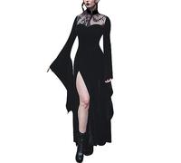 Gothic Dress for Women Sexy Split Lace Maxi Dress Flare Sleeve Vintage Cocktail Dresses 2023 Halloween Costume Long Fancy Dress, Ladies Witch Cosplay Clothes Goth Retro Slit Dresses Clearance Black