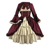 Gothic Dress for Women UK Clearance Halloween Costume Flare Sleeve Dresses Goth Medieval Steampunk Dress Bow Knot Lace O-Neck Vintage Maxi Dress Ball Gown Luxurious Skirt Wine