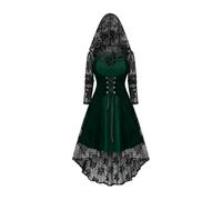 Gothic Dress for Women UK Flower Lace Long Hooded Halloween Dresses Long Sleeve Irregular Vampire Witches Fancy Dress Adults Cosplay Costumes Empire Waist Bandage Plain Goth Medieval Dresses Green