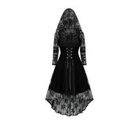 Gothic Dress for Women UK Flower Lace Long Hooded Halloween Dresses Long Sleeve Irregular Vampire Witches Fancy Dress Adults Cosplay Costumes Empire Waist Bandage Plain Goth Medieval Dresses