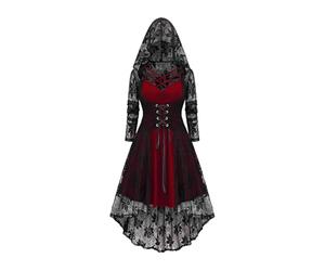 Gothic Dress for Women UK Flower Lace Long Hooded Halloween Dresses Long Sleeve Irregular Vampire Witches Fancy Dress Adults Cosplay Costumes Empire Waist Bandage Plain Goth Medieval Dresses
