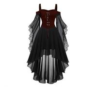 Gothic Dress Women Halloween - Victorian Vampire Medieval Dresses 3/4 Chiffon Sleeve Renaissance Steampunk Witches Cold Shoulder Layered Lace Up Corset Outfit