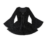 Gothic Dress Women Velvet Square V Neck Flare Long Sleeve Floral Bodycon Mini Dresses Halloween Party Costume Black L