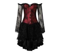 Gothic Dresses for Women UK, Off Shoulder Victorian Ruffles Dress Womens Pleated Swing Lace Chiffon Dress Day of The Dead Costumes for Women Steampunk Dress Red