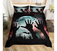 Gothic Duvet Cover Set Hand Halloween Bats Double Bedding Sets, Night Moon Silhouette Comforter Cover Spooky Dark Shadows Bed Set