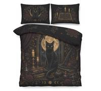 Gothic Duvet Cover Set King, Black Cat Full Moon Bedding | Black Cat with Full Moon, Spell Books and Witch Hat, 3-Piece Microfibre Set with 2 Pillowcases and Zip Fastenings