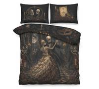 Gothic Duvet Cover Set King, Skeleton Masquerade Bedding | Victorian Skeleton Ballroom Dance with Roses and Masks, 3-Piece Microfibre Set with 2 Pillowcases and Zip Fastenings