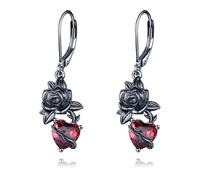 Gothic Earrings for Women Black Rose Flower Ruby Heart Leverback Earrings Goth Jewellery Gifts for Women, Standardgröße, Sterling Silver, Cubic Zirconia Moonstone