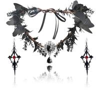 Gothic Fairy Crown and Cross Earrings Set, Halloween Fairy Headpiece for Women with Black Flower Antlers, Renaissance Accessories Women , Elf Costume Headband for Cosplay, Weddings and Goth Parties.