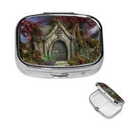 Gothic Fairy Garden Pill Box with Mirror 2 Compartment Decorative Pill Case for Purse or Pocket Small Square Pill Organizer Weekly Metal Medicine Tablet Vitamin Holder Travel Gift
