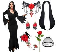 Gothic Family Costume Set - 7 Pcs with Black Dress Wig, Rose Necklace & Earring for Women - Halloween Fancy Dress Costume for Party Supplies (M)