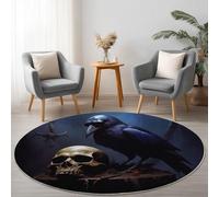 Gothic Fantasy Raven Skull Dark Blue Small Area Round Rug 80 cm Soft Short Pile Non-Slip Printed Circle Carpet for Bedroom Living Room Home