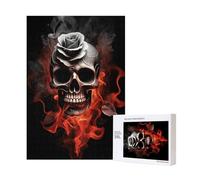 Gothic Fire Skull Rose Printed Jigsaw Puzzle with Storage Box, Wooden Puzzle for Adults and Kids, 300 Pieces Family Fun Decorative Game, 28x40 CM