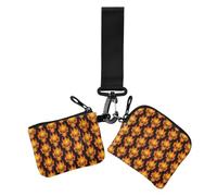 Gothic Flaming Demon Skull Seamless Pattern Orange Fire monsters Skull with | Slim Detachable Women Credit Card Case Coin Purse with Wristle Strap for Work Travel 2 Pcs