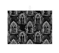 Gothic Floral Dish Drying Mats for Kitchen, Black White Absorbent Dish Drainer Mat, Vintage Medieval Microfiber Drying Pad for Coffee Bar 18x24 Inch