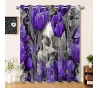 Gothic Floral Skull 100% Blackout Curtains for Living Room Bedroom W55 x L90 Inch (2 Panels), Purple Gray Print Eyelet Curtain Thermal Insulated Noise Reducing Window Curtain Drapes