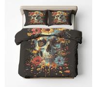 Gothic Floral Skull Emperor Duvet Cover Set - Goth Skeleton Flower Patterned Bedroom Decor Bedding Set 3 Piece with 2 Pillowcases, Soft Microfibre Quilt Cover with Zip YC-121