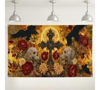 Gothic Floral Wall Backdrop, Skull and Cross Design for Halloween Party Decorations, Vintage Dark Aesthetic Background for Photography Events 71x43 Inch