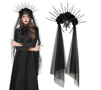 Gothic Flower Headband Black Veil Ghost Bride Fancy Dress Rose Flower Crown Hairband Long Veil Cosplay Wedding Headpiece Fascinator Headwear Halloween Costume Floral Hair Accessories for Women