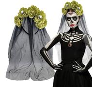 Gothic Flower Headband with Veil Day of The Dead Rose Floral Skull Crown Headpiece for Women Halloween Cosplay (Black Green)