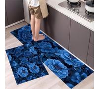Gothic Flowers Kitchen Rug Set, 2 Pieces Non Slip and Anti Fatigue Elegant Flowers Kitchen Mat Set, Washable Floor Mat, Indigo Standing Mats for Hallway Bedroom 40x60cm+40x120cm