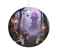 Gothic Fog Forest Ceramic Christmas Ornaments with Gold String - Personalized Double-Sided 2.9 Inch Xmas Tree Decorations, Rustic Winter Hanging Ornaments for Holiday Party Gift