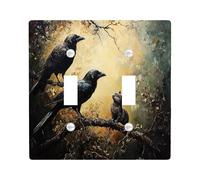 Gothic Forest Crow Decorative Light Switch Cover Plate 2 Gang Double Toggle, Vintage Scary Goth Cats Raven Electrical Faceplate for Kitchen Bathroom, Bird Switchcover Decor