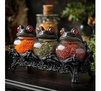 Gothic Frog Spice Jar Set with Decorative Stand, Black Glass Storage Containers with Red Eyes, Kitchen Counter Organizer for Seasonings, 3-Piece