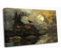 Gothic Full Moon Atmospheric Birds Canvas Wall Art Picture Print Ready To Hang Stretched Over A Frame - 24 x 16 inch /61 x 40 cm