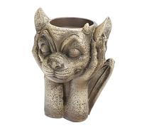 Gothic Gargoyle Planter Flower Pots, Decorative Demon Head Design, Antique Grey Stone Finish (No listening)