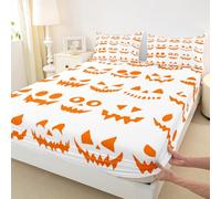Gothic Ghost Face Bedding Set for Girls Boys Spooky Pumpkin Lanterns Fitted Sheet Happy Halloween Bed Cover Room Decor White Orange Sheet Set with 2 Pillowcase,No Top Flat,King