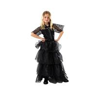 Gothic Girl Halloween Costume - Long Black Layered Dress with Spiderweb Detail - 8-10 Years