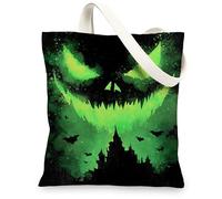 Gothic Green Canvas Tote Bags, Spooky Bat Design Reusable Grocery Bags, Lightweight Washable Shoulder Strap Canvas Bags for, Green, 13x15 Inch