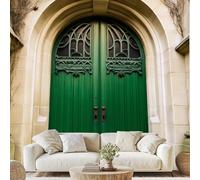 Gothic Green Carved Door Mural European Vintage Relief Arch Self-Adhesive Wallpaper 100x70 cm Wrought Iron Door Canvas Wall Paper for Bedroom Living Room Wall Mural Removable Stickers gu84l