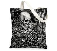 Gothic Halloween American Shorthair Cat Canvas Tote Bag for Shopping 13x15, Goth Spooky Skeleton Reusable Grocery Print Pattern Bag for Women, Scary Aesthetic Painting Gift Decor