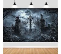 Gothic Halloween Cemetery Backdrop,Spooky Graveyard Gate Background with Full Moon,Tombstone and Coffin, Horror Themed Banner for Halloween Party, Cosplay and Portrait Photography,7x5FT