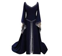 Gothic Halloween Costumes for Women, Medieval Costume Women Renaissance Dress Plus Size Ladies Vintage V Neck Gothic Cosplay Halloween Witch, Navy, S