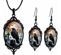 Gothic Halloween Earring Necklace Set for Women,Vintage Crow Bat Vampire Glass Pendent Necklace Punk Style Raven Witch Cameo Dangle Earrings Wicked Victorian Halloween Costume Accessories Jewelry, L