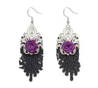 Gothic Halloween Earrings, Black Lace, Purple Rose Bud and Silver Jewellery