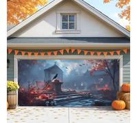 Gothic Halloween Garage Door Cover, Black Crow and Pumpkin Graveyard Large Garage Door Decorations, Spooky Indoor and Outdoor Halloween Party Background Decor 157x71 Inch