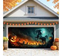 Gothic Halloween Garage Door Cover, Black Horse and Pumpkin Graveyard Large Garage Door Decorations, Autumn Indoor and Outdoor Halloween Party Backdrop Decor 157x71 Inch