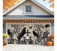 Gothic Halloween Garage Door Cover, Black Vintage Skull and Raven Large Garage Door Decorations, Autumn Indoor and Outdoor Party Background Decor 157x71 Inch